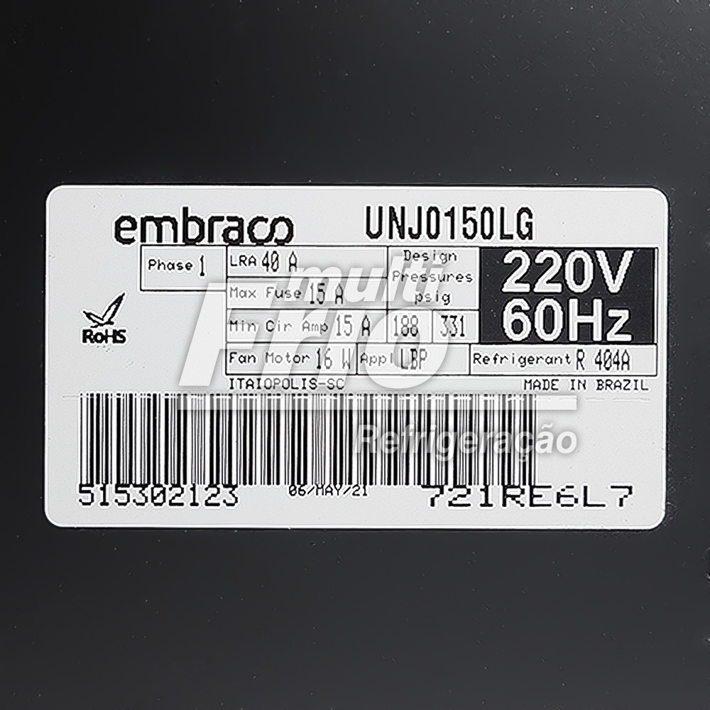 Unidade Condensadora Embraco 1.5 HP UNJ0150LG (UNJ2212GK) R404A 220V Monofásico