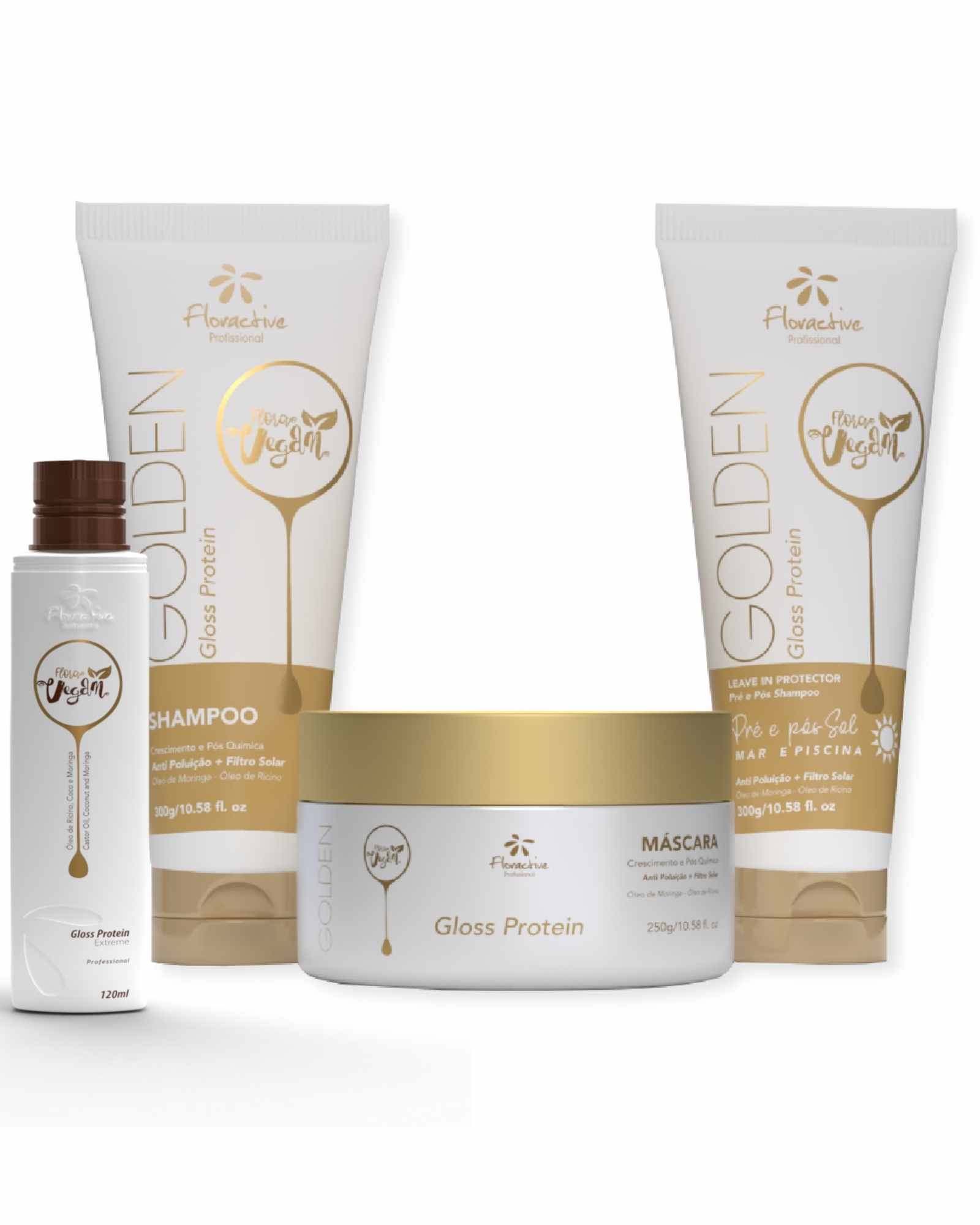 Kit Gloss Protein 120ml + Homecare Golden Gloss 300ml com Shampoo, Máscara e Leave in