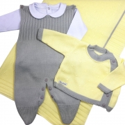 Saída De Maternidade Amarelo e Cinza  Tricô Luxo 4 Peças