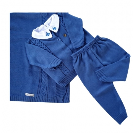Saída Maternidade Menino Tricô Azul Jeans  Luxo 4 peças