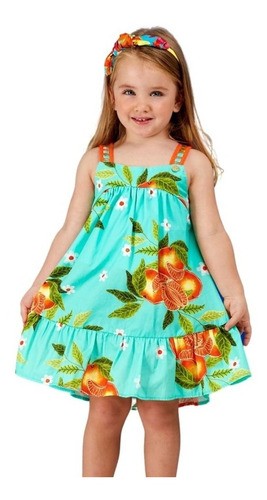Vestido Infantil de Alças Flores e Frutas