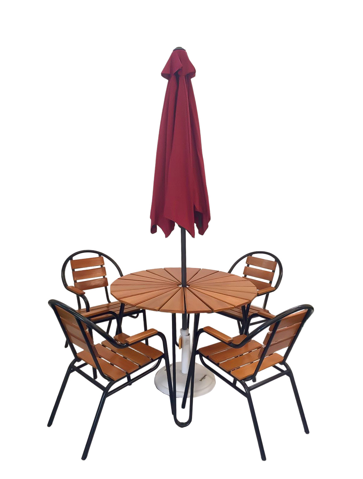 Conjunto Mesa com 4 Cadeiras em Alumínio e Madeira (com ombrelone bordô)