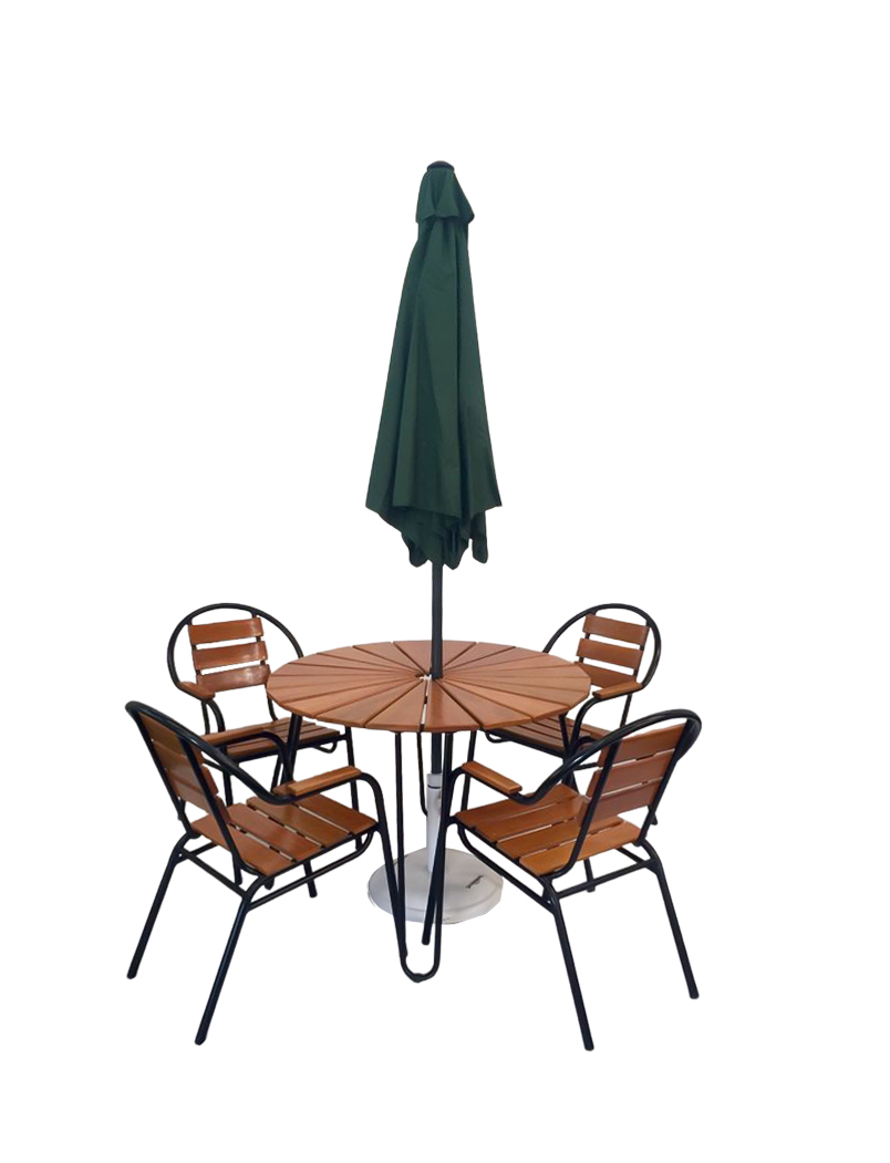 Conjunto Mesa com 4 Cadeiras em Alumínio e Madeira (com ombrelone verde)