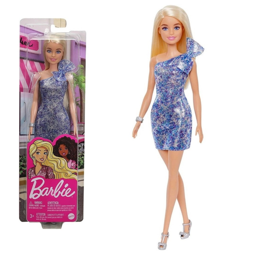 Boneca Barbie Loira Com Vestido Glamoroso Azul Glitter Mattel