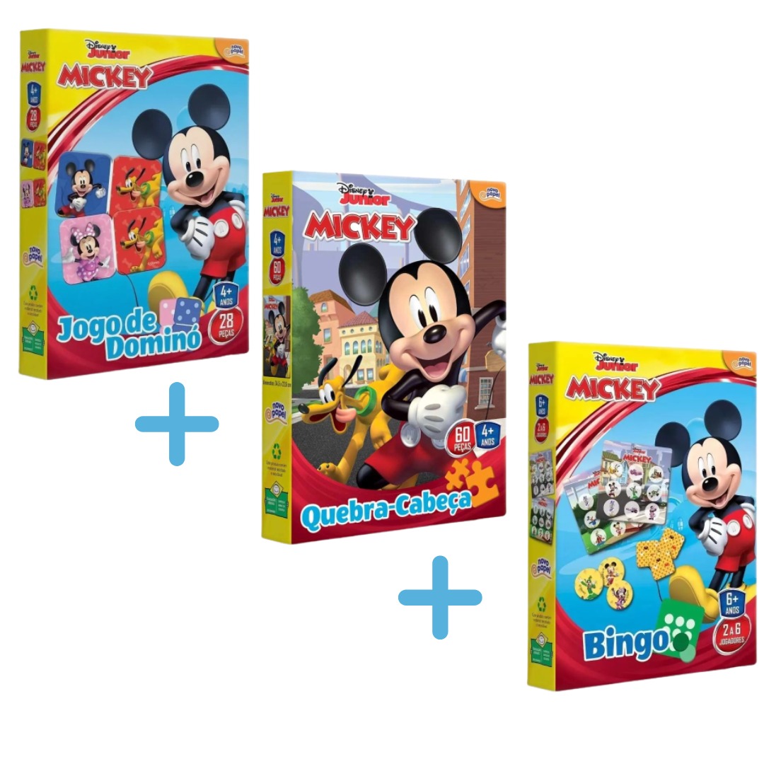 Kit 3 Jogos Mickey Mouse Disney Dominó QuebraCabeça e Bingo Toyster