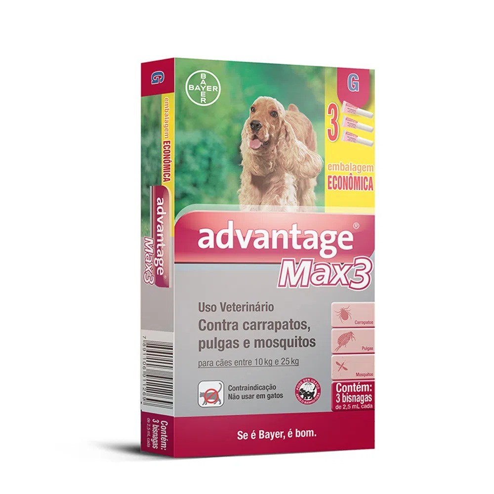Antipulgas e Carrapatos Bayer Advantage MAX3 para Cães de 10 a 25 Kg - 2,5 mL