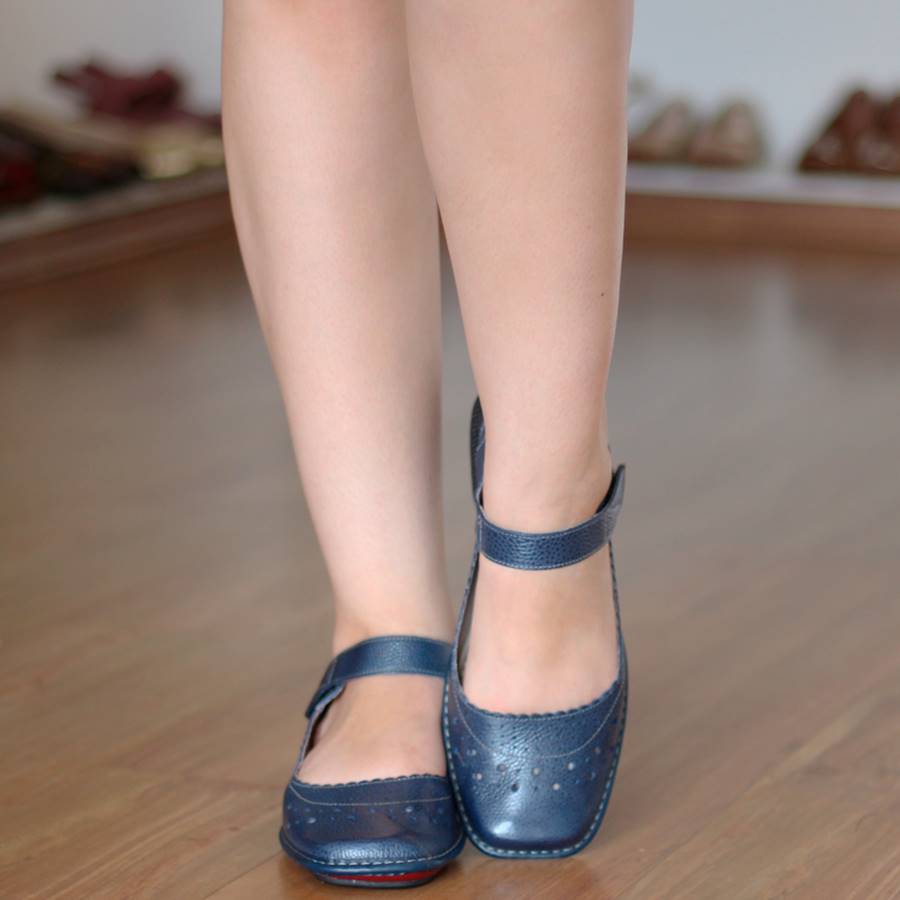 Sapato feminino Retrô Vintage Em Couro Legitimo Sapatilha Azul CY0003