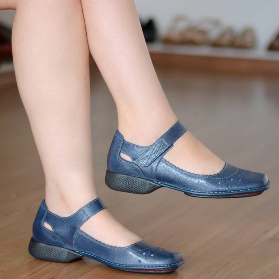 Sapato feminino Retrô Vintage Em Couro Legitimo Sapatilha Azul CY0003