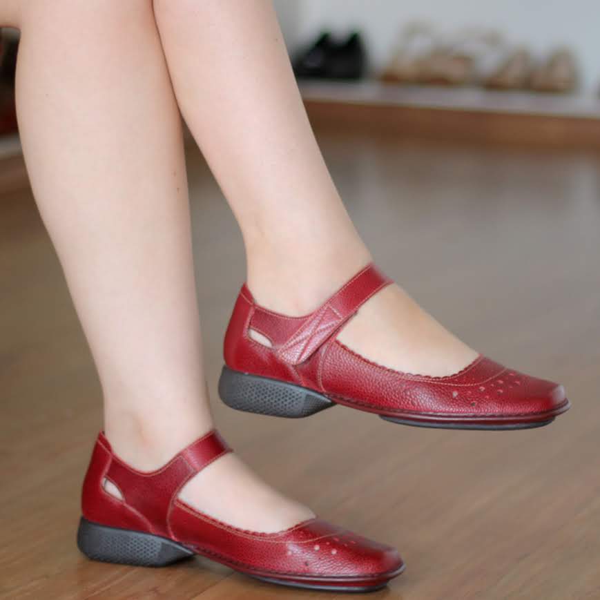 Sapato feminino Retrô Vintage Em Couro Legitimo Sapatilha Vermelho CY0003
