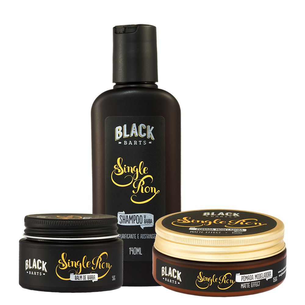 Kit Pomada Modeladora Efeito Matte + Shampoo + Balm para Barba Black Barts® Single Ron  - Black Barts