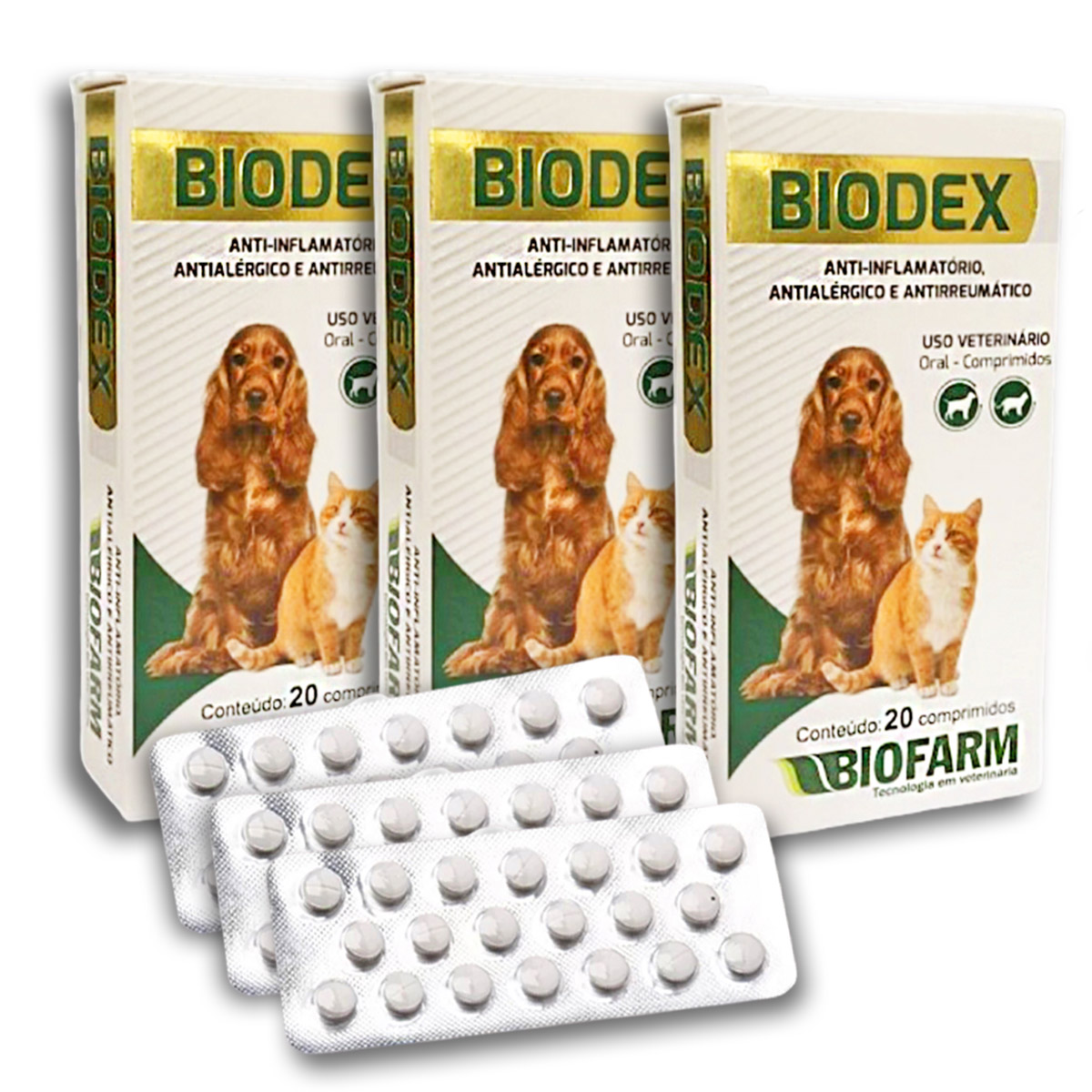 Kit 3 Anti-inflamatório Biodex para Cães e Gatos - 20 Comprimidos Cada - Biofarm