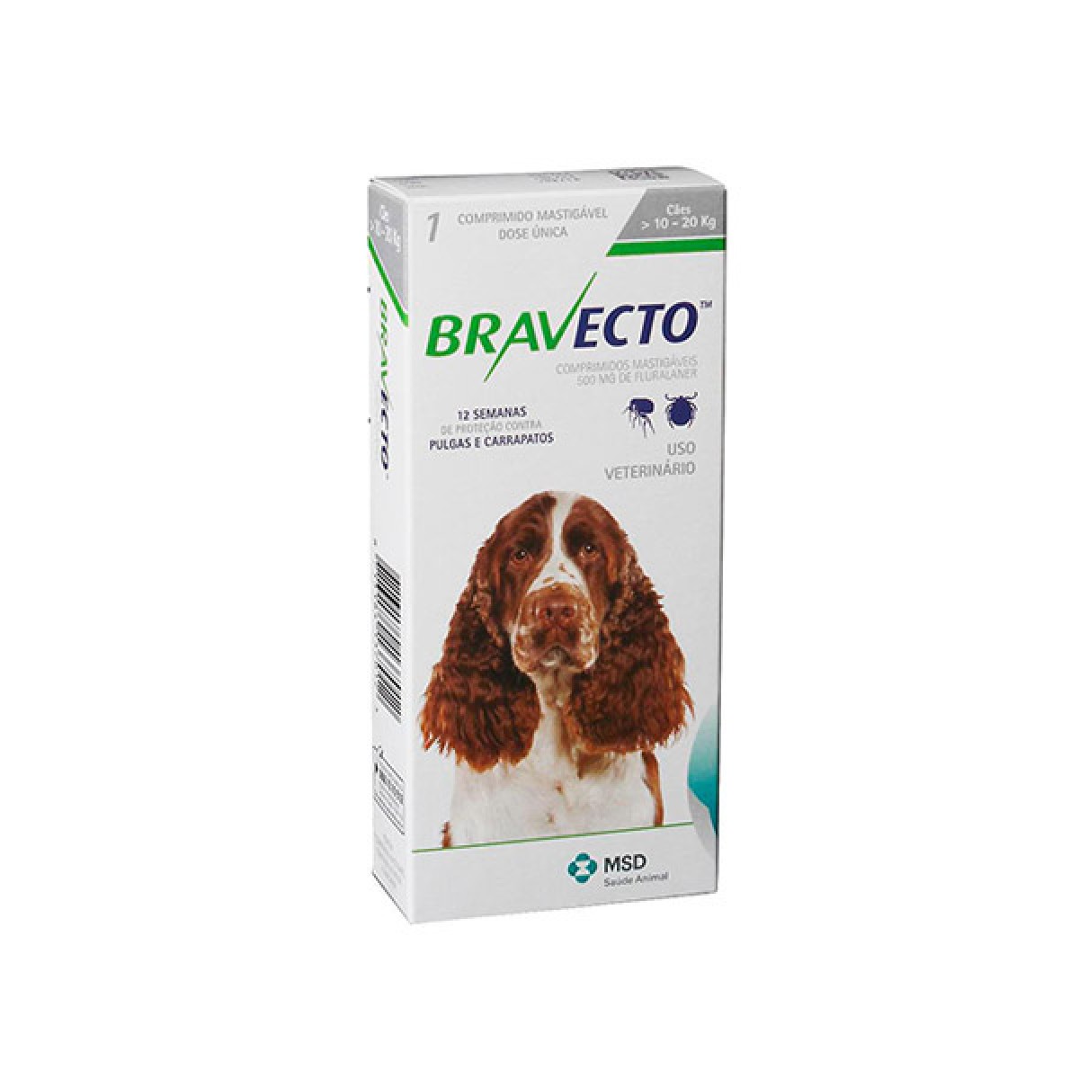 Bravecto de 10 a 20 kg  Antipulgas e carrapato Oral Cães Comprimido Mastigável 500 mg