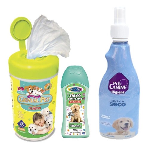 CÓPIA - Kit Com 1 Lenço Umedecido Para Cão Filhote + um Banho A Seco da pro canine + um talco perfumado