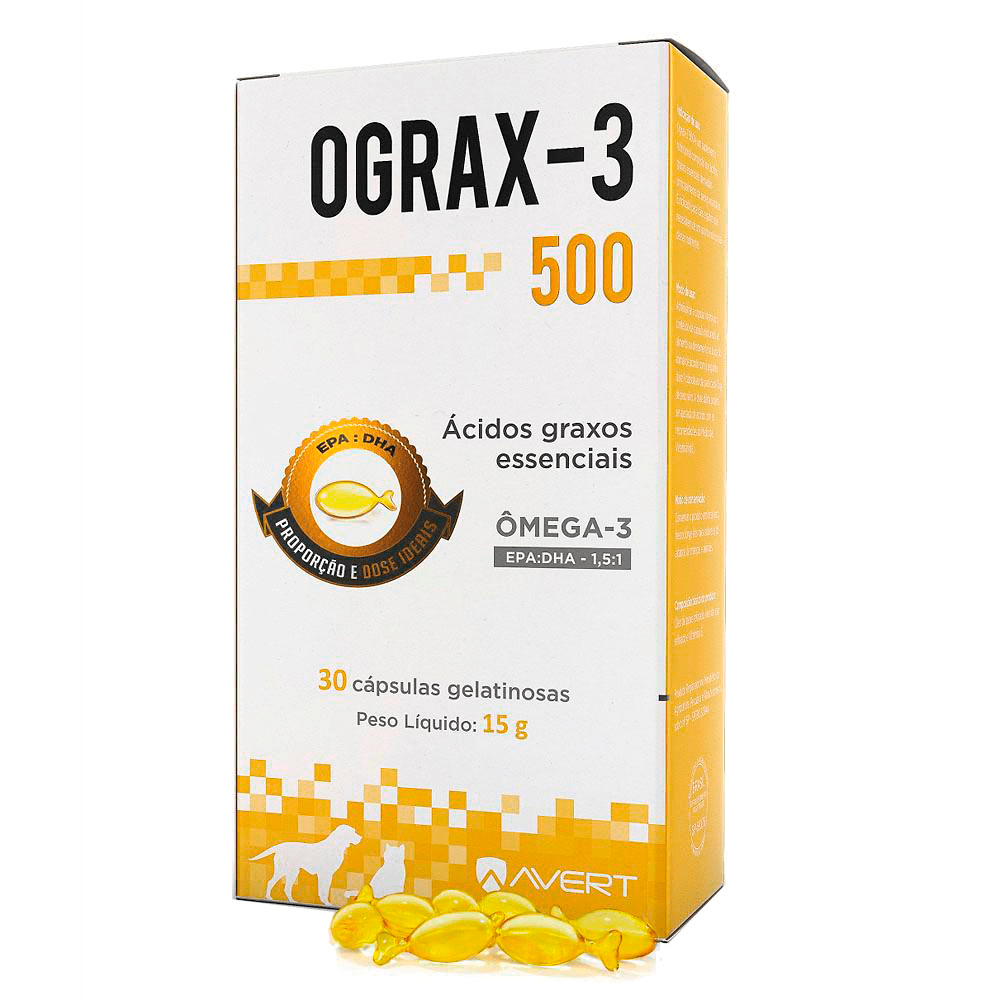 Ograx 500 omega 3 cão e gato da Avert com 30 capsulas