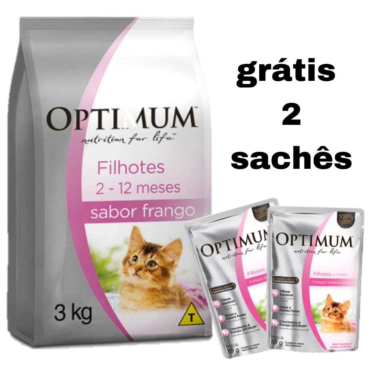Ração Optimum Premium Para Gatos Filhotes Sabor Frango 3kg grátis 2 saches