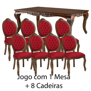 Kit Mesa Dom Pedro 2,40 mts + 8 Cadeiras Medalhão Entalhadas Imbuia Envelhecido e Veludo Vermelho