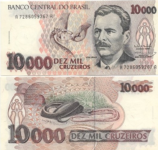 C225 Cédula Brasil 10000 Cruzeiros Vital Brazil 1993 FE