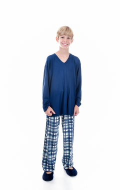 Pijama Infantil Masculino Longo Viscolycra Xadrez Azul