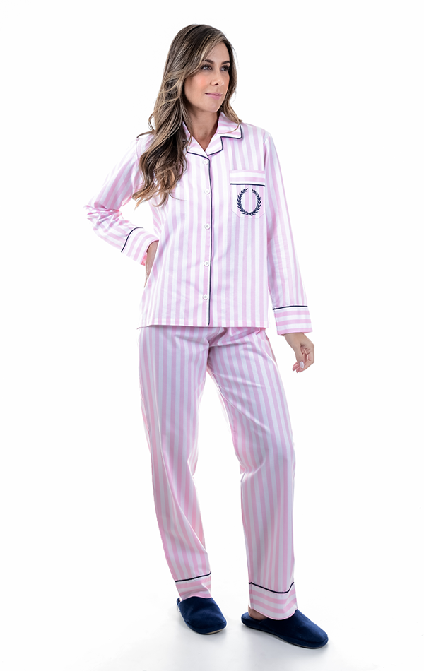 Pijama Feminino Aberto Algodão Listrado Rosa