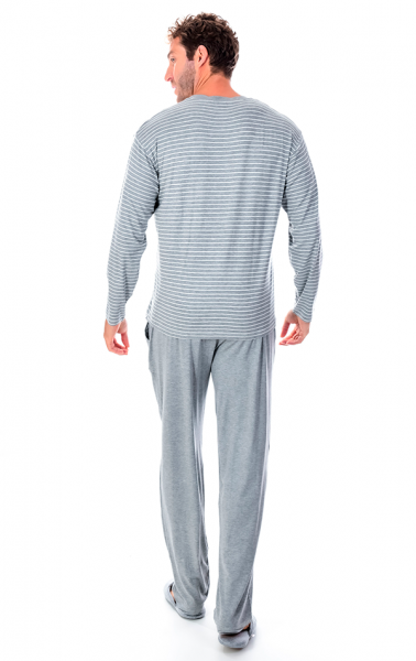 Pijama Masculino Longo em Viscolycra Listrado Cinza