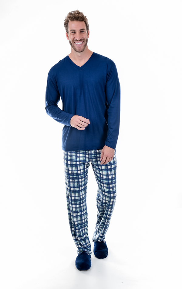 Pijama Masculino Longo em Viscolycra Xadrez Azul