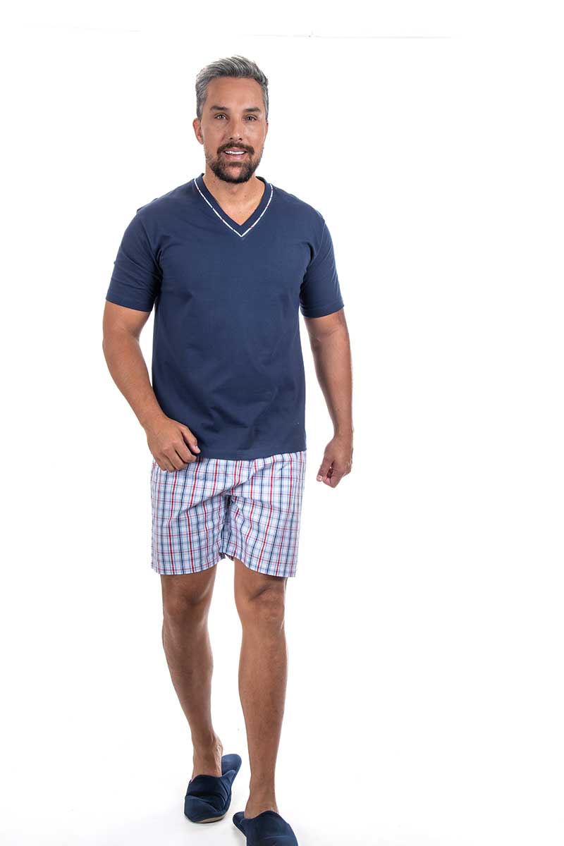 Pijama Masculino Short em Algodão Xadrez Azul Marinho