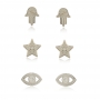 Trio de brincos de Mão de Fátima, estrela e olho grego em ouro branco