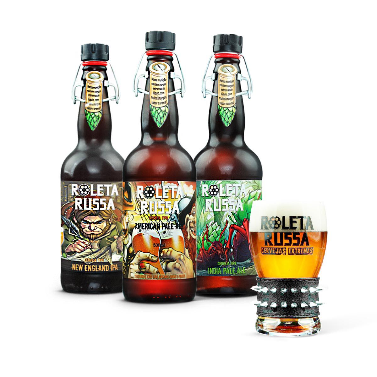Kit degustação Roleta Russa 3 cervejas 500ml + copo 320ml com pulseira  - RS BEER - Cervejas Gaúchas