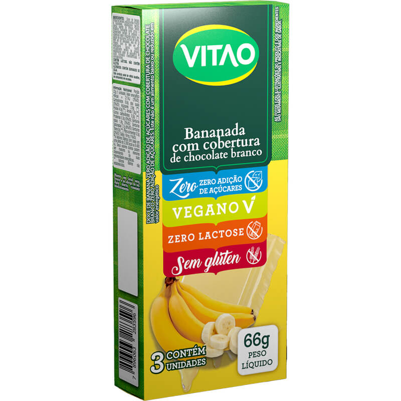 Tablete de bananada zero com cobertura de chocolate branco - Vitao - caixa c/ 03 un