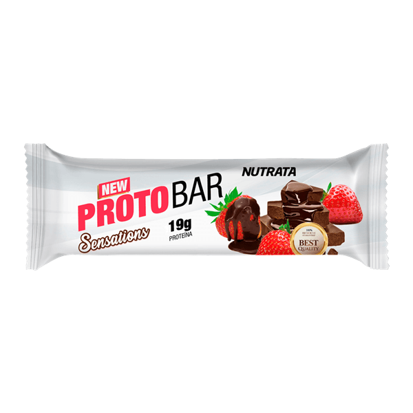 Barra de proteína protobar sensations chocolate meio amargo com recheio de morango - Nutrata - caixa com 08 un