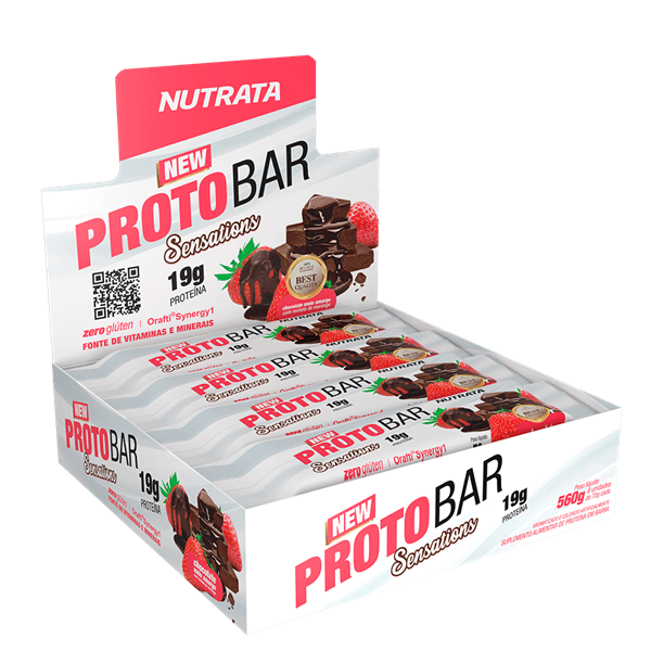 Barra de proteína protobar sensations chocolate meio amargo com recheio de morango - Nutrata - caixa com 08 un