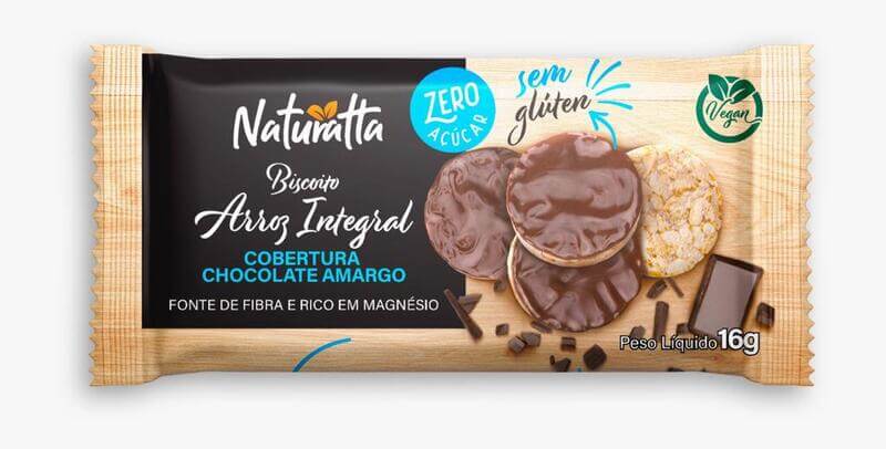 Biscoito de arroz integral com cobertura de chocolate amargo zero 16g - Naturatta - 01 caixa com 12 un