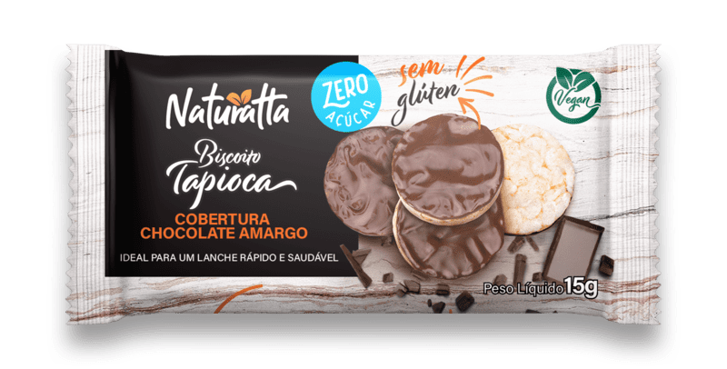 Biscoito de tapioca com cobertura de chocolate amargo zero 15g - Naturatta - 01 cx c/ 12 un