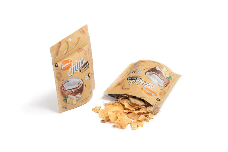 Chips de coco com gengibre - Flormel - caixa com 08 un