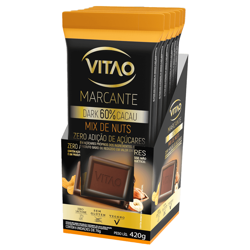 Chocolate amargo zero linha marcante sabor mix de nuts 70g - Vitao - caixa com 06 un