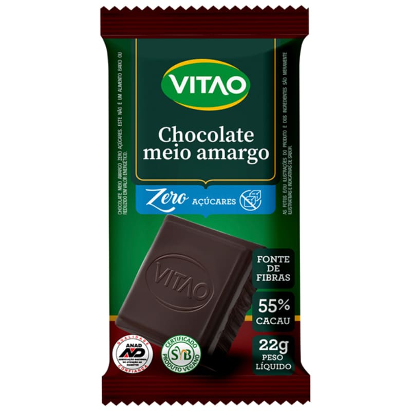 Chocolate meio amargo zero 22g - Vitao - caixa com 12 un