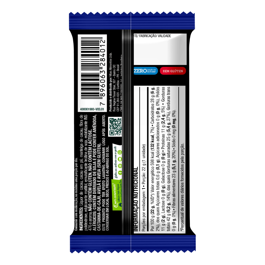 Chocolate Zero Açúcar 70% Amargo sem Lactose 22g - Vitao