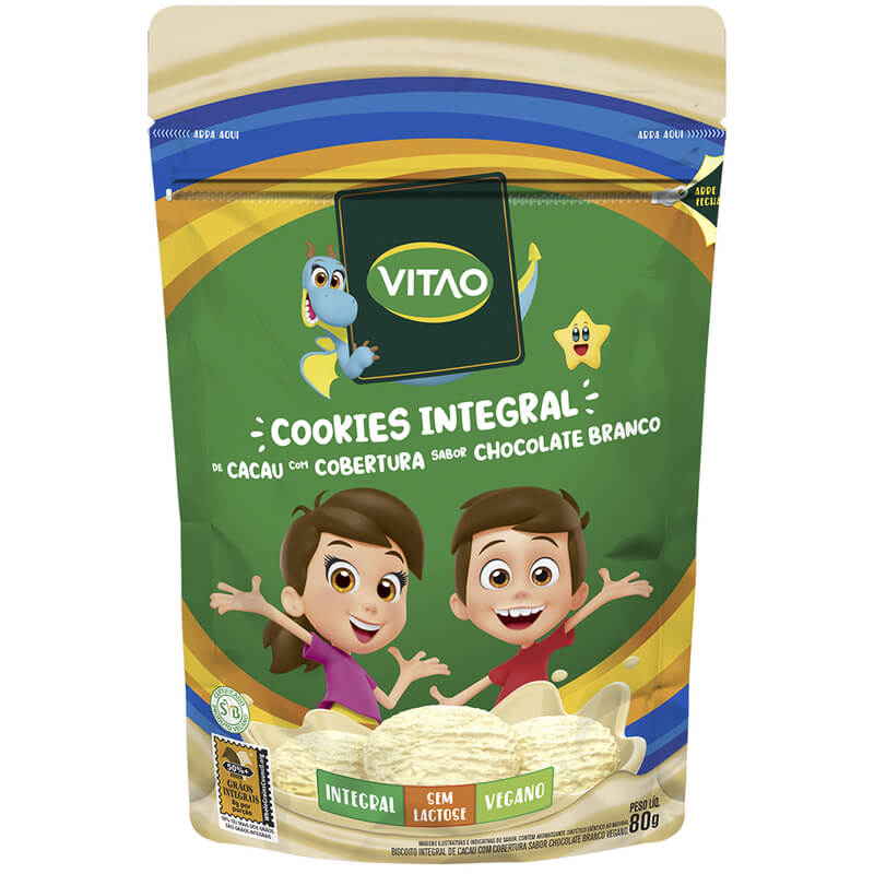 Cookie integral sabor cacau com cobertura de chocolate branco linha kids 80g - Vitao - 01 un