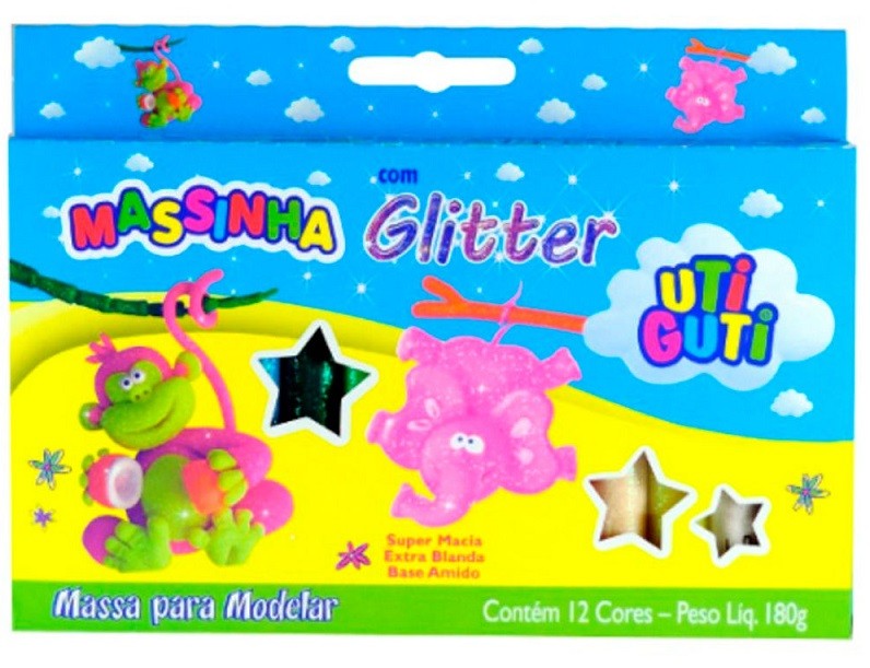 Massinha Com Glitter Uti-Guti Com 12 Cores 180g