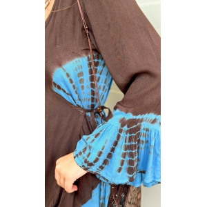 Vestido Curto Kimono Manga Longa De Transpassar Tie Dye Marrom E Azul