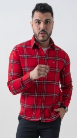 Camisa de Flanela Masculina Clássica Xadrez com Bolso Vermelha