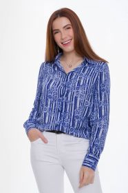 Camisa Feminina Olimpo Viscose Estampada Azul Floral Manga Longa