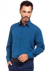Camisa Social Masculina Olimpo Maquinetada Manga Longa Azul