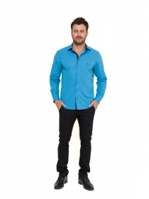 Camisa Social Masculina Slim Olimpo Maquinetada Manga Longa Azul