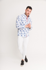 Camisa Social Olimpo Estampada Floral Manga Longa Branca/Azul