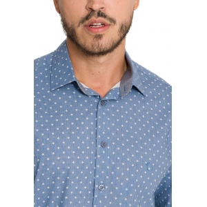 Camisa Social Masculina Olimpo 100% Algodão Estampada Manga Longa Azul