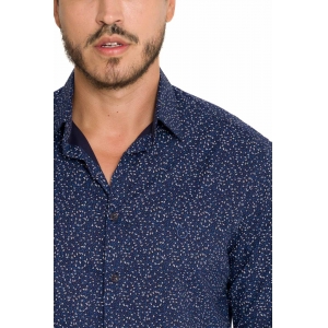 Camisa Social Masculina Olimpo 100% Algodão Estampada Manga Longa Azul Marinho
