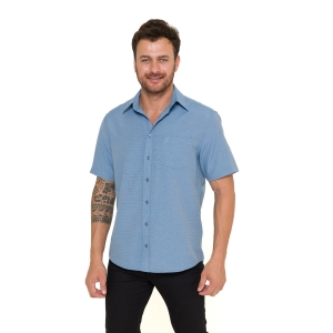 Camisa Social Masculina Olimpo Maquinetada com Bolso Manga Curta Azul