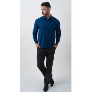 Camisa Social Masculina Olimpo Maquinetada com Bolso Manga Longa Azul