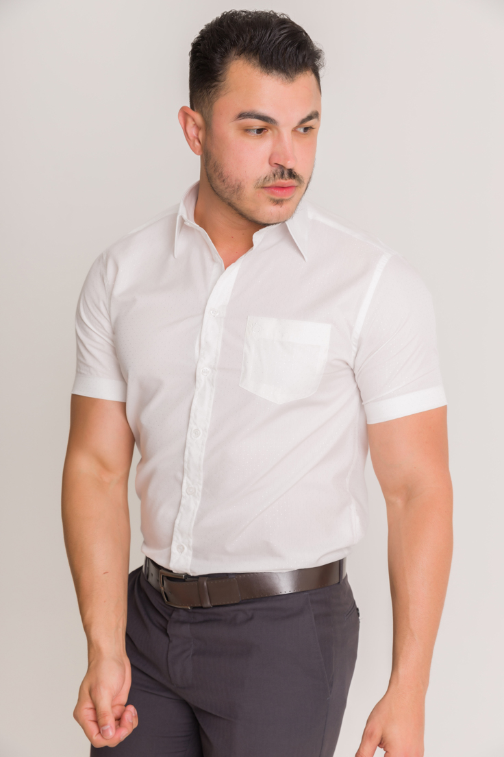 Camisa Social Masculina Olimpo Maquinetada com Bolso Manga Curta